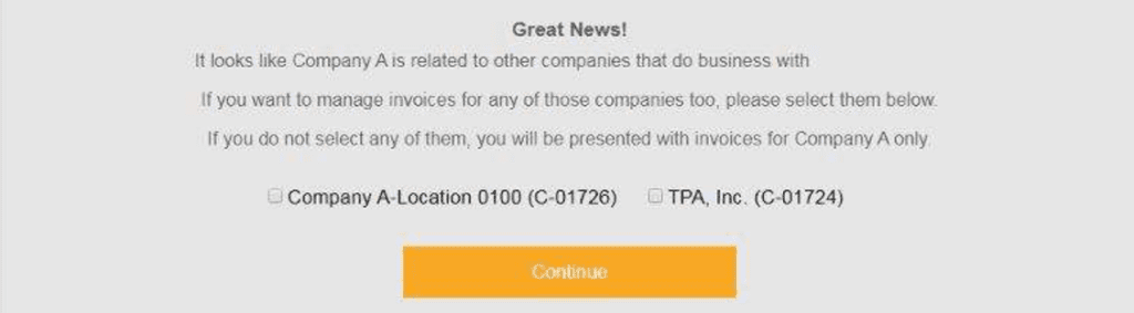 If you’re seeing a “Great News!” message, here’s what to do: Check the boxes next to each account you’d like to group together. This will let you: Use one payment method (like ACH ****1234) across all selected accounts Receive a single email with a summary of balances for those accounts Leave the boxes unchecked if: You want to keep payment methods separate for each account You plan to add team members who shouldn’t have access to all grouped account details